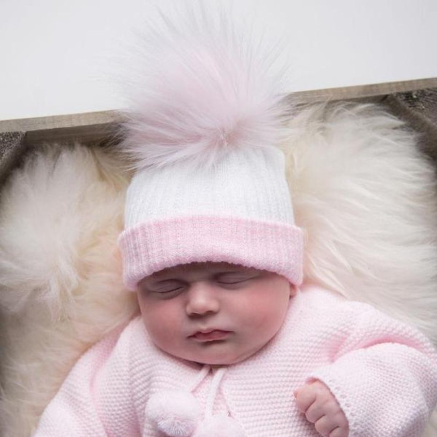 Clothing Millie & Ralph Hats | First Size White & Pink Ribbed Fur Pom Hat | Millie & Ralph