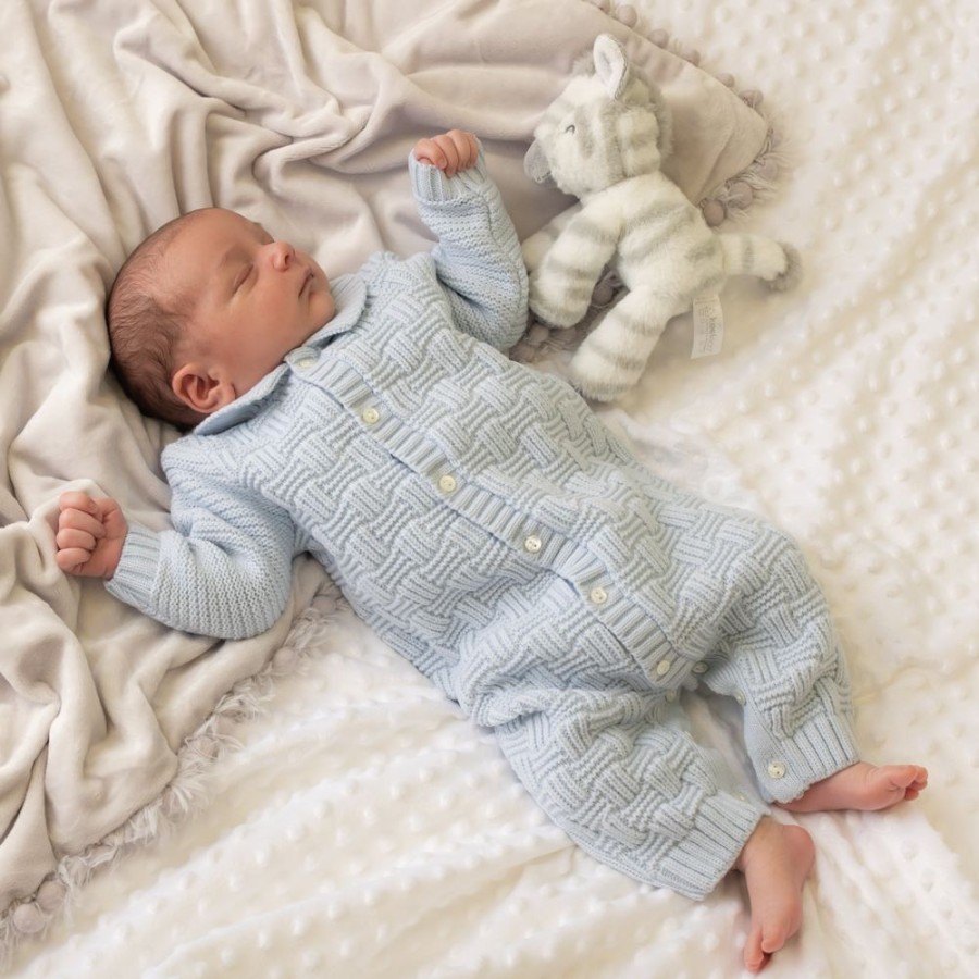 Clothing Sarah Louise Rompers | Baby Blue Weave Knit Button Romper Suit