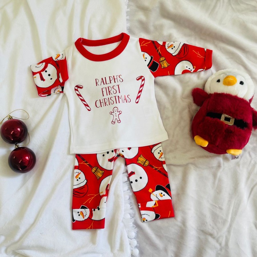 Personalised Millie & Ralph | Personalised Red Snowman 'First Christmas' Pj'S Lounge Set