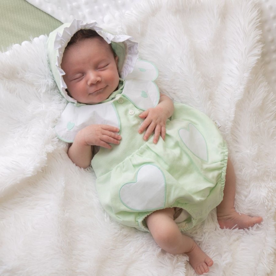 Clothing Caramelo Rompers | Mint Linen Frill Heart Romper With Bonnet