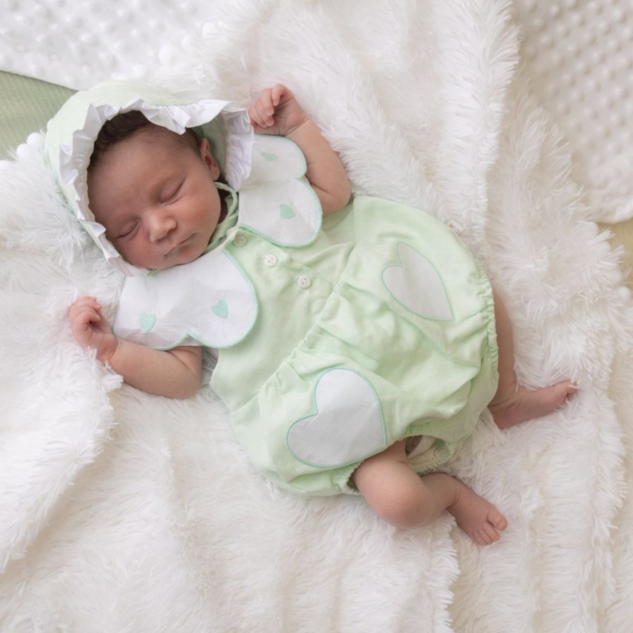 Clothing Caramelo Rompers | Mint Linen Frill Heart Romper With Bonnet