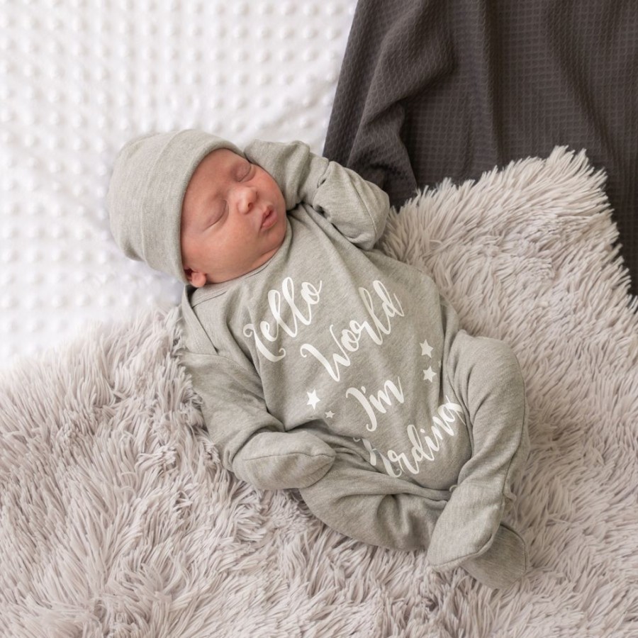 Personalised Millie & Ralph | Personalised 'Hello World I'M...' Grey Sleepsuit Set | Millie & Ralph