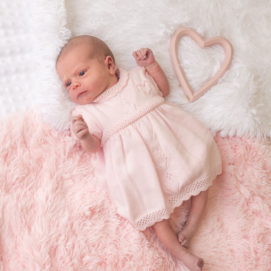 Clothing Pex Outfits | Flora Pink Knitted Heart Pearl Dress & Bloomers | Millie & Ralph