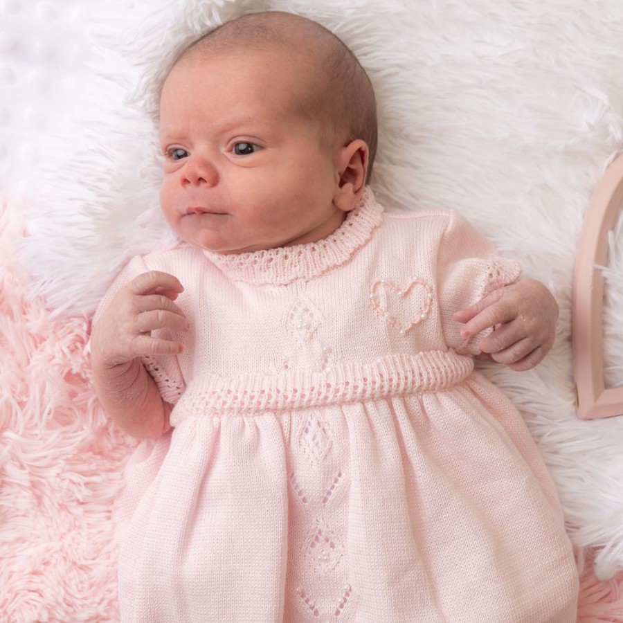 Clothing Pex Outfits | Flora Pink Knitted Heart Pearl Dress & Bloomers | Millie & Ralph