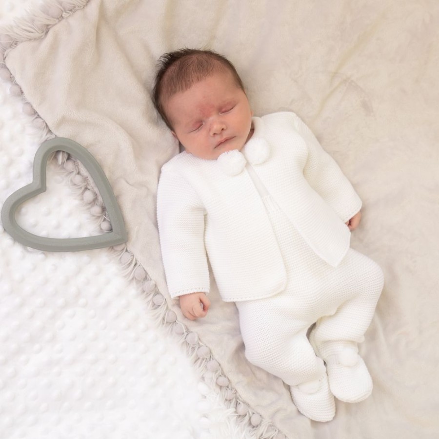 Clothing Dandelion Knitwear | Knitted Baby Pom Pom Outfit In White | Millie & Ralph