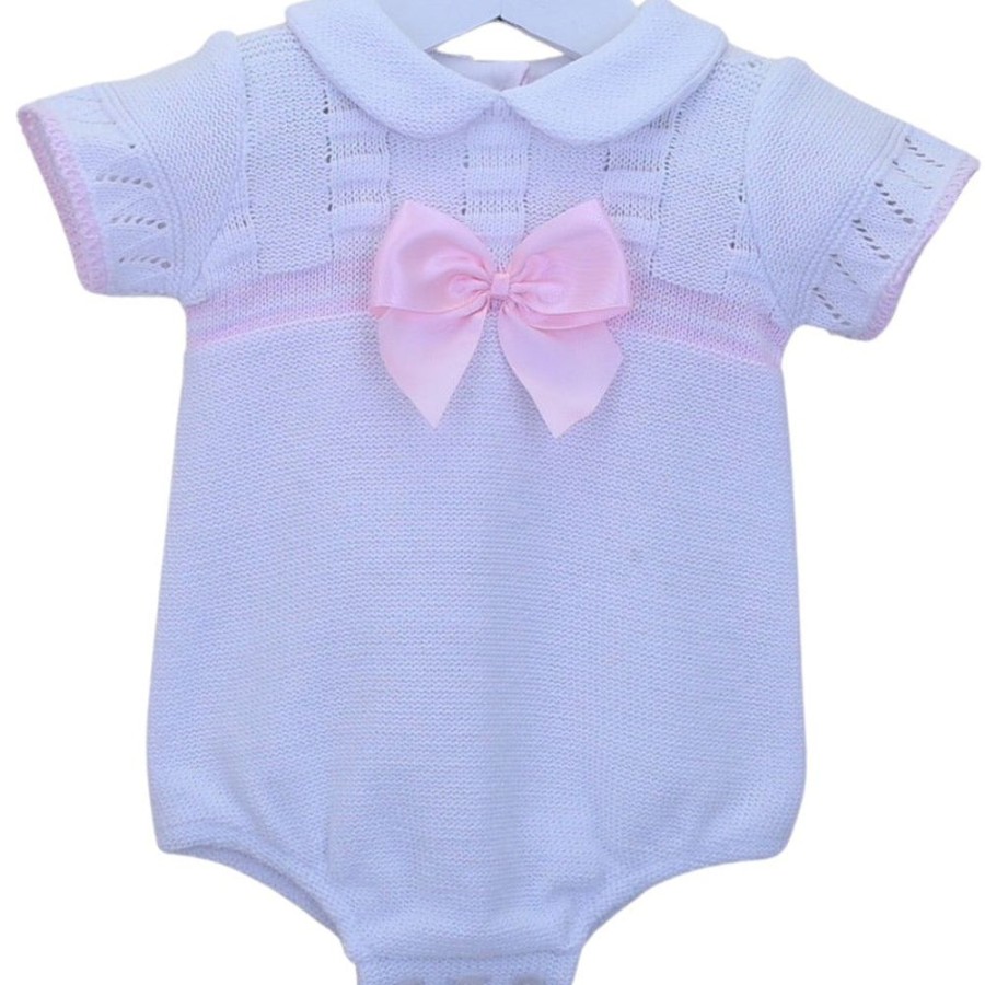 Clothing Pex Rompers | Violet' White Pink Knitted Bow Romper