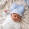 Clothing Millie & Ralph Hats | First Size Blue & White Ribbed Fur Double Pom Pom Hat | Millie & Ralph