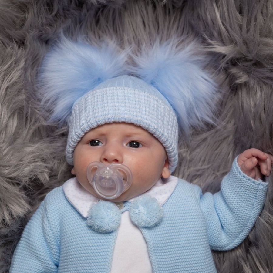 Clothing Millie & Ralph Hats | First Size Blue & White Ribbed Fur Double Pom Pom Hat | Millie & Ralph