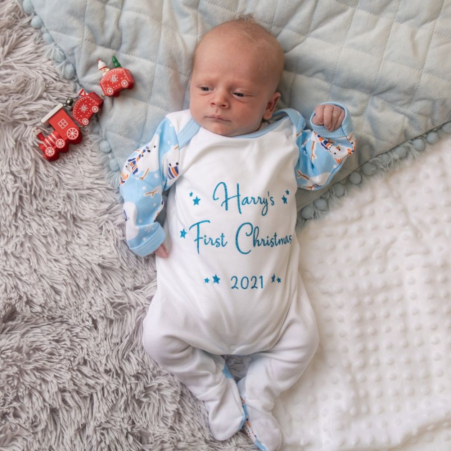 Personalised Millie & Ralph | Personalised Blue Snowman 'First Christmas' Sleepsuit