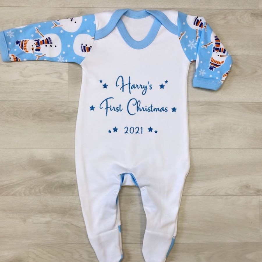 Personalised Millie & Ralph | Personalised Blue Snowman 'First Christmas' Sleepsuit