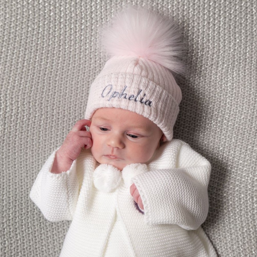 Personalised Millie & Ralph | Personalised First Size Pink & Silver Single Fur Pom Hat