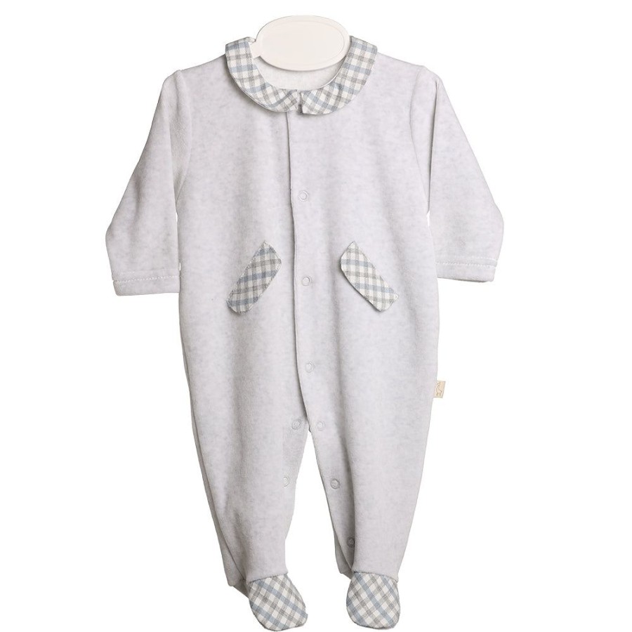 Clothing Millie & Ralph Sleepsuits | Grey Gingham Collar & Pocket Babygrow