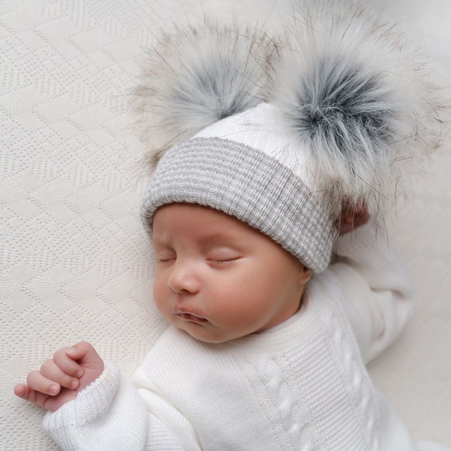 Clothing Millie & Ralph Hats | White & Grey Pom Pom Hat Baby/First Size | Millie & Ralph