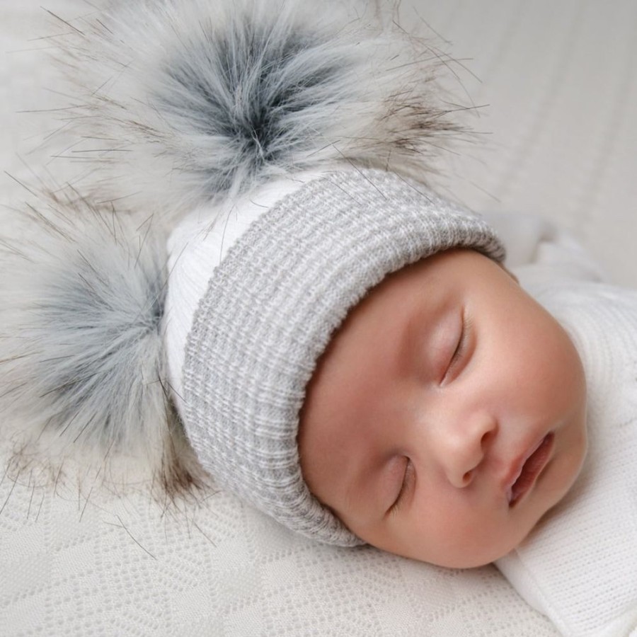 Clothing Millie & Ralph Hats | White & Grey Pom Pom Hat Baby/First Size | Millie & Ralph