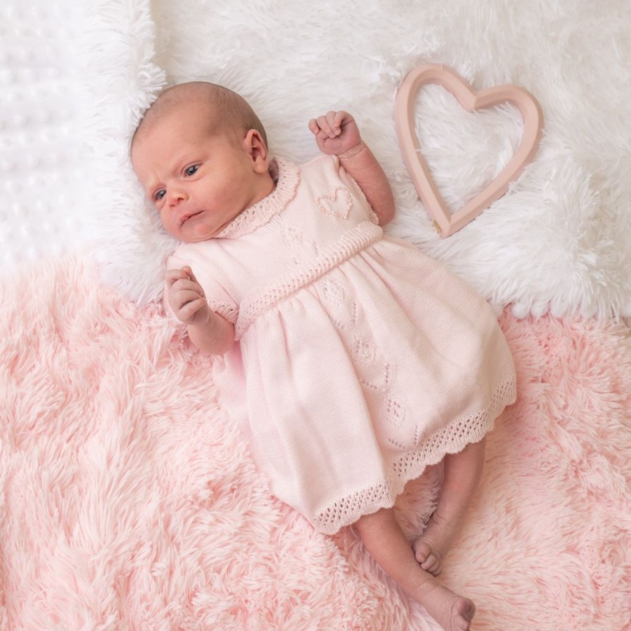 Clothing Pex Dresses | Flora Pink Knitted Heart Pearl Dress & Bloomers | Millie & Ralph