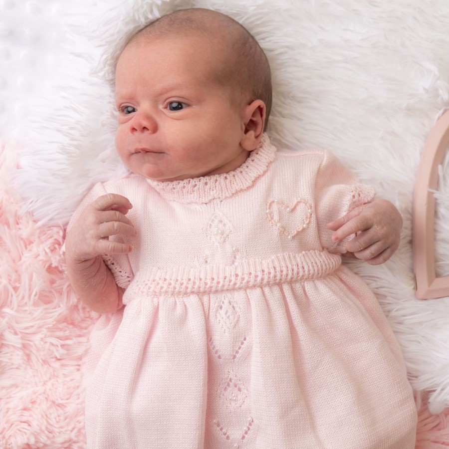 Clothing Pex Dresses | Flora Pink Knitted Heart Pearl Dress & Bloomers | Millie & Ralph