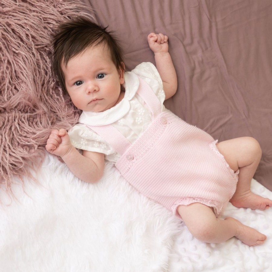 Clothing Pex Knitwear | Macie' Pink Knitted Pointelle Dungaree Set