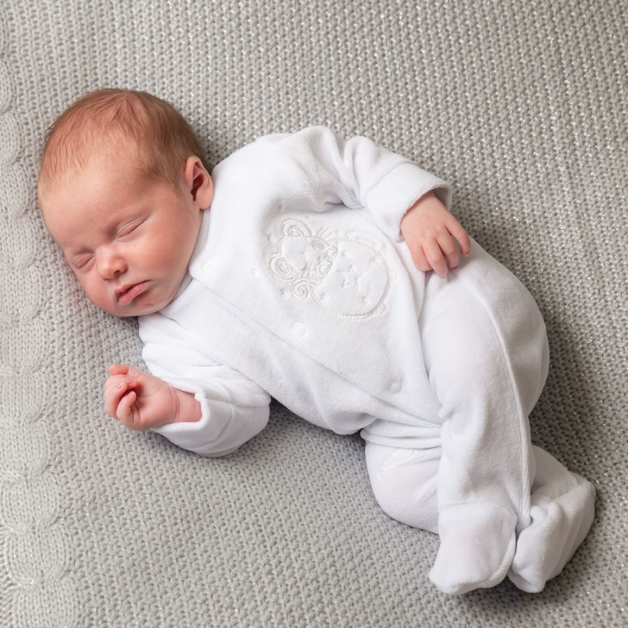 Clothing Dandelion Sleepsuits | White Velour Sleepsuit | Mouse & Tea Cup | Millie & Ralph