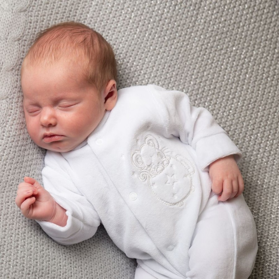 Clothing Dandelion Sleepsuits | White Velour Sleepsuit | Mouse & Tea Cup | Millie & Ralph