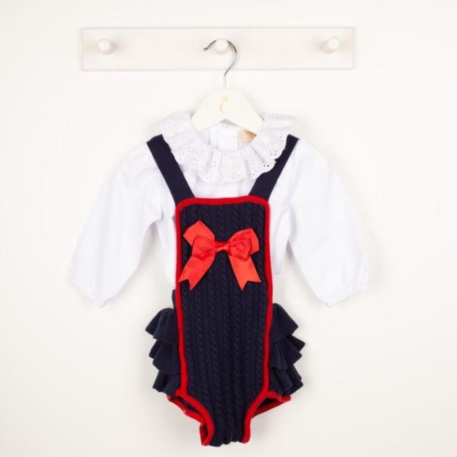 Clothing Caramelo Rompers | Navy & Red Ruffle Cable Knit Romper 2 Piece Set