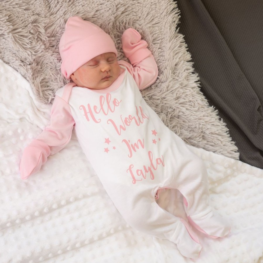 Personalised Millie & Ralph | Hello World I'M...' Pink Contrast Sleepsuit Set | Millie & Ralph