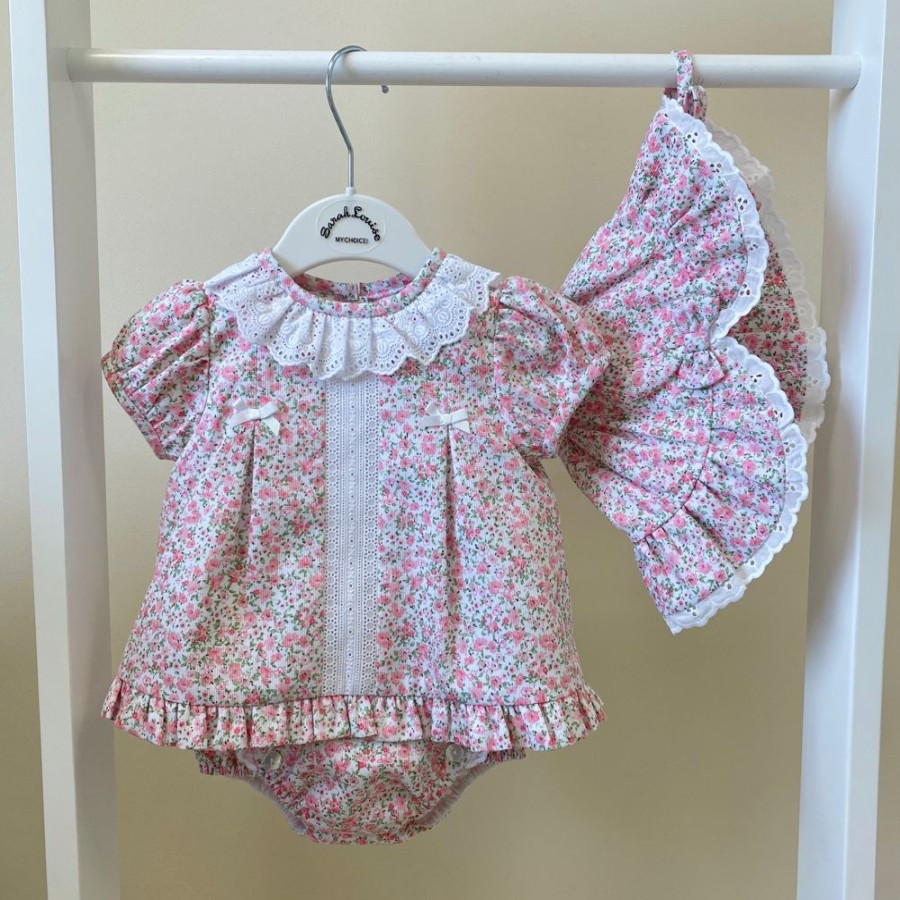 Clothing Sarah Louise Dresses | Pink Flower & Lace Dress, Bloomers & Sunhat Set