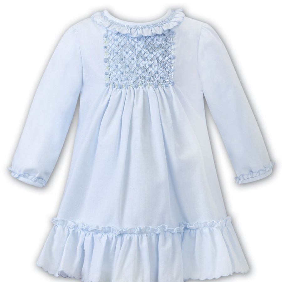 Clothing Sarah Louise Outfits | Blue Hand Smocked Ruffle Long Sleeved Dress