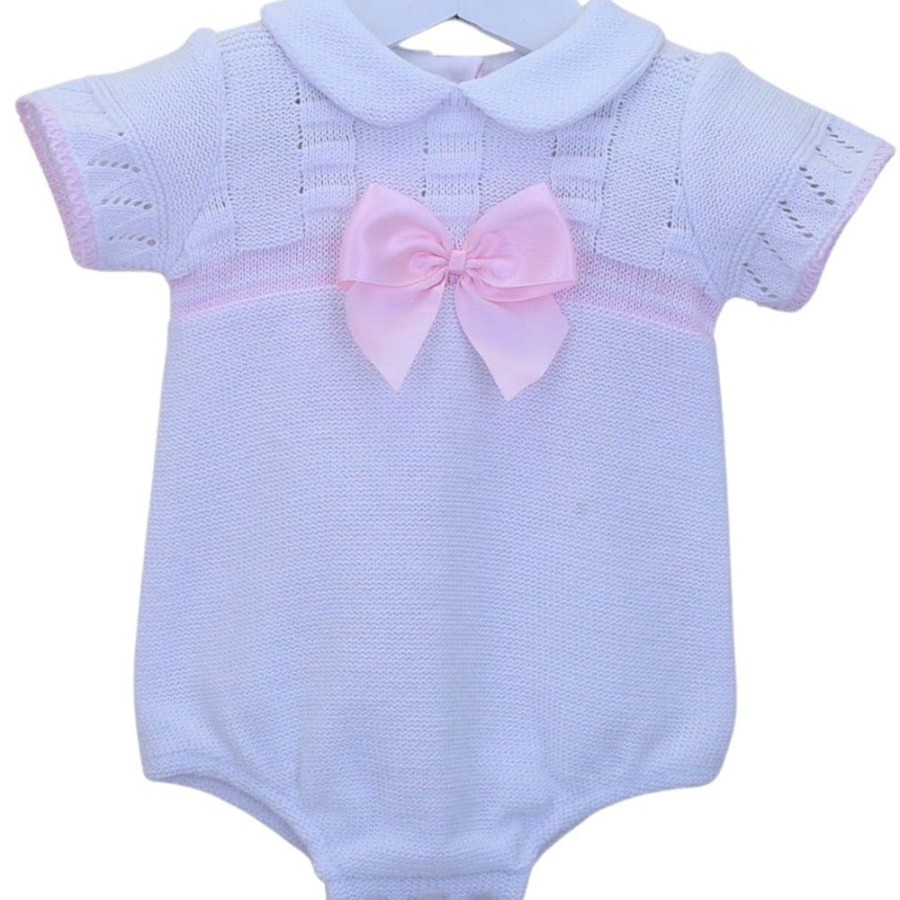 Clothing Pex Knitwear | Violet' White Pink Knitted Bow Romper