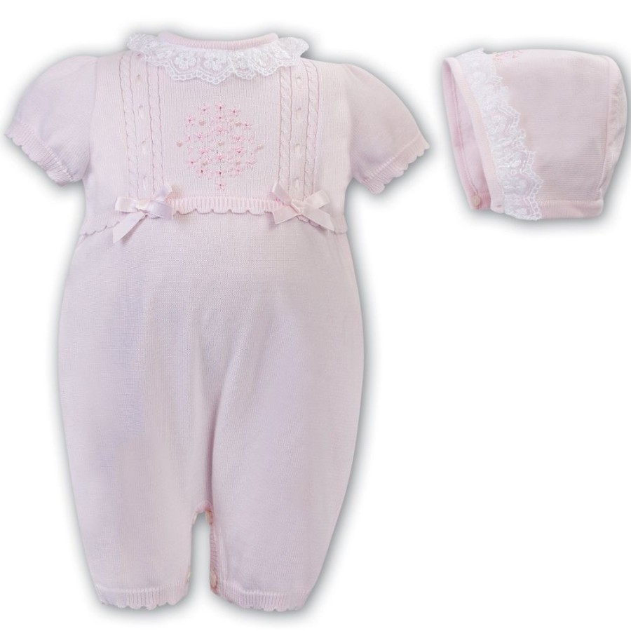 Clothing Sarah Louise Rompers | Pink Fine Knit Detail Romper & Bonnet