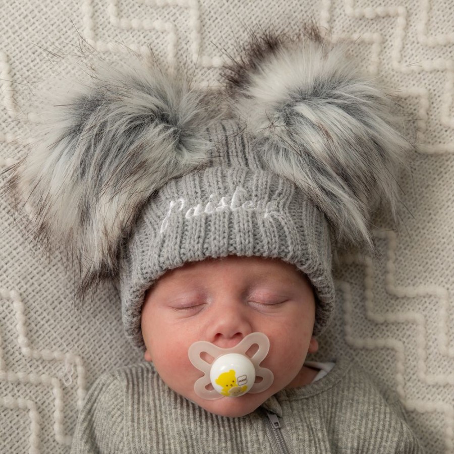 Personalised Millie & Ralph | Personalised Baby Pom Hat In Grey | Millie & Ralph