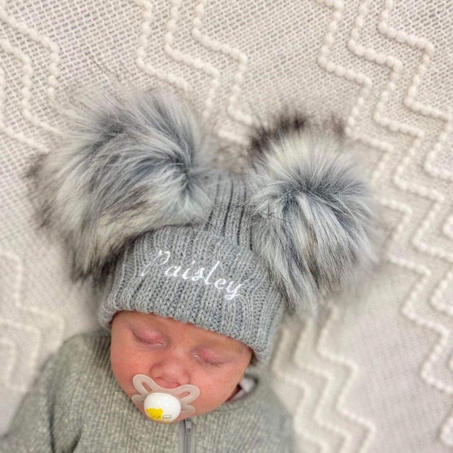 Personalised Millie & Ralph | Personalised Baby Pom Hat In Grey | Millie & Ralph