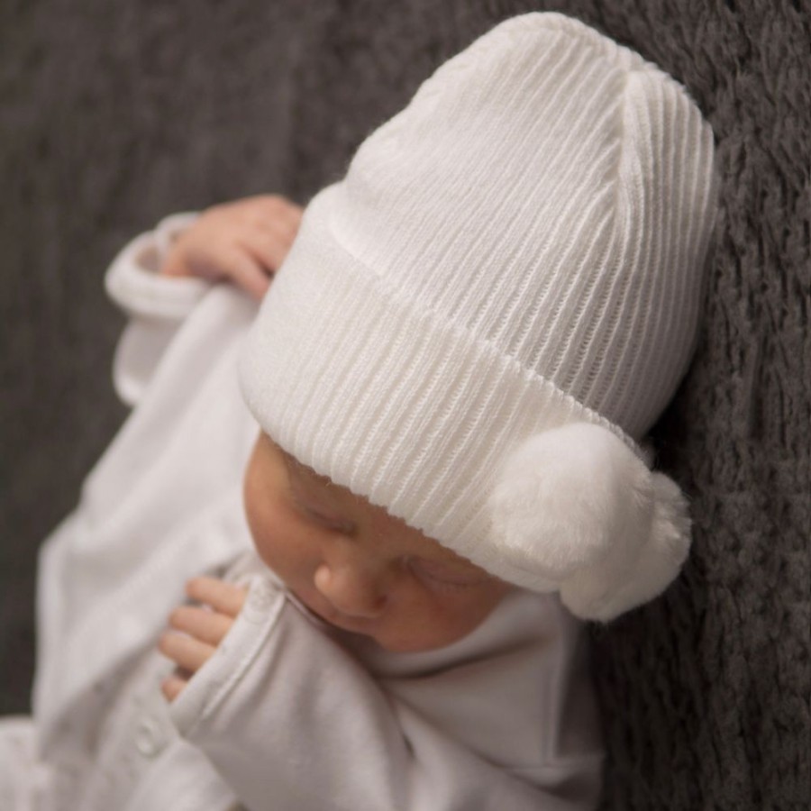 Clothing Millie & Ralph Hats | First Size White Hat With White Pom Pom