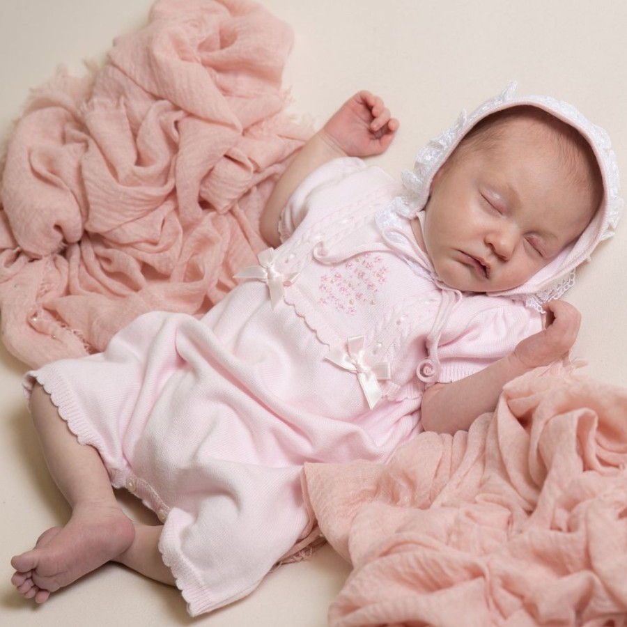 Clothing Sarah Louise Rompers | Baby Pink Knitted Fine Detail Lace Romper & Bonnet