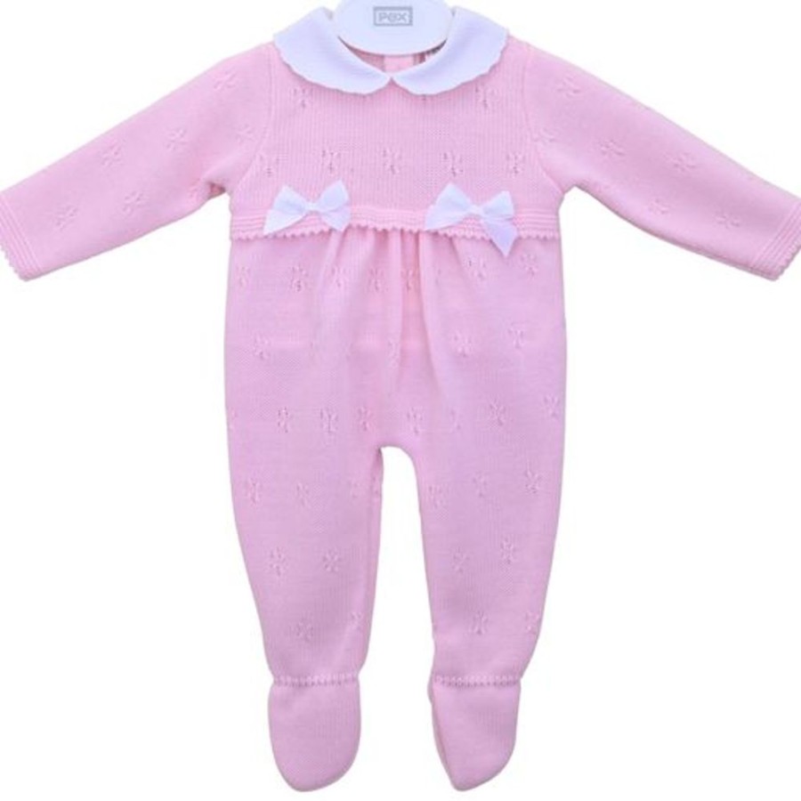 Clothing Pex Outfits | Pink 'Mae' Pointelle Knitted Double Bow Onesie