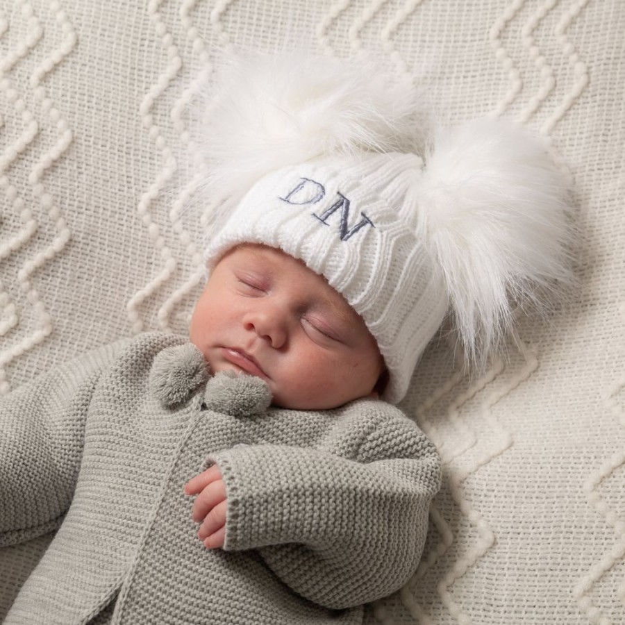 Clothing Millie & Ralph Hats | Personalised Initials White Double Pom Hat