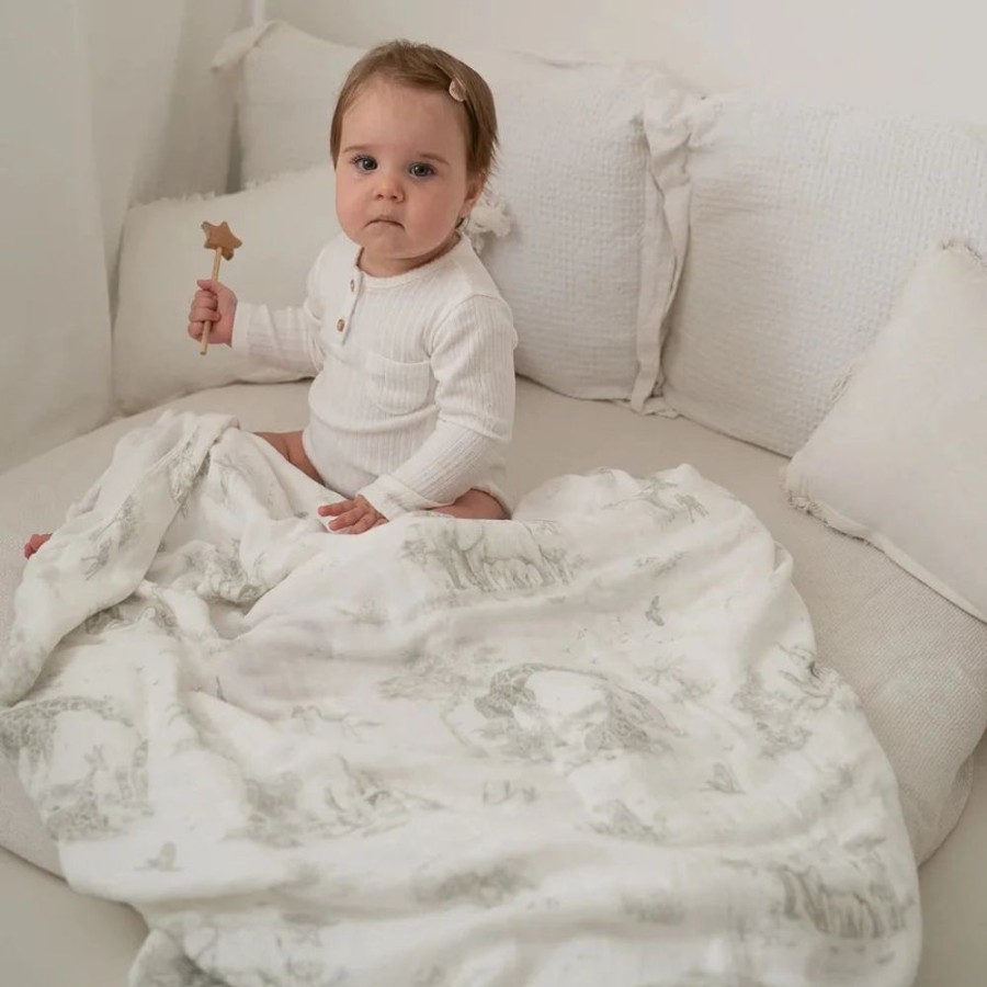 Clothing Millie & Ralph Blankets | Gilded Bird Bamboo Baby Muslin Blanket - Safari Toile