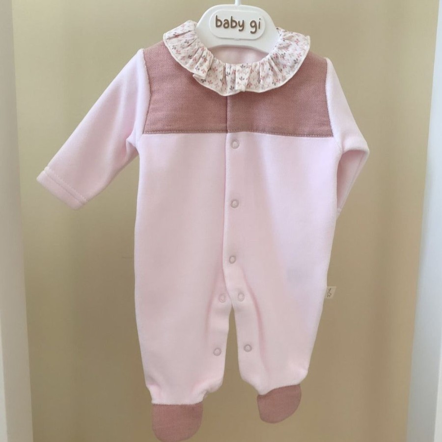 Clothing Millie & Ralph Sleepsuits | Pink Velour Tweed Panel Leaf Sleepsuit