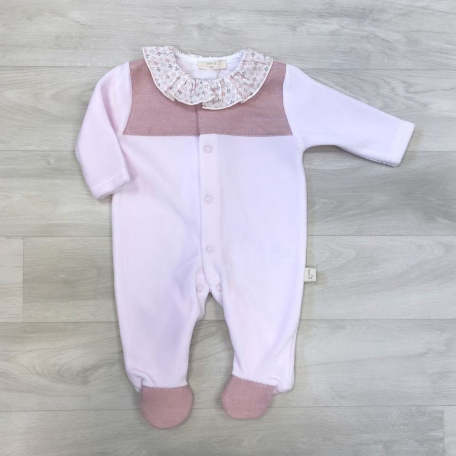 Clothing Millie & Ralph Sleepsuits | Pink Velour Tweed Panel Leaf Sleepsuit