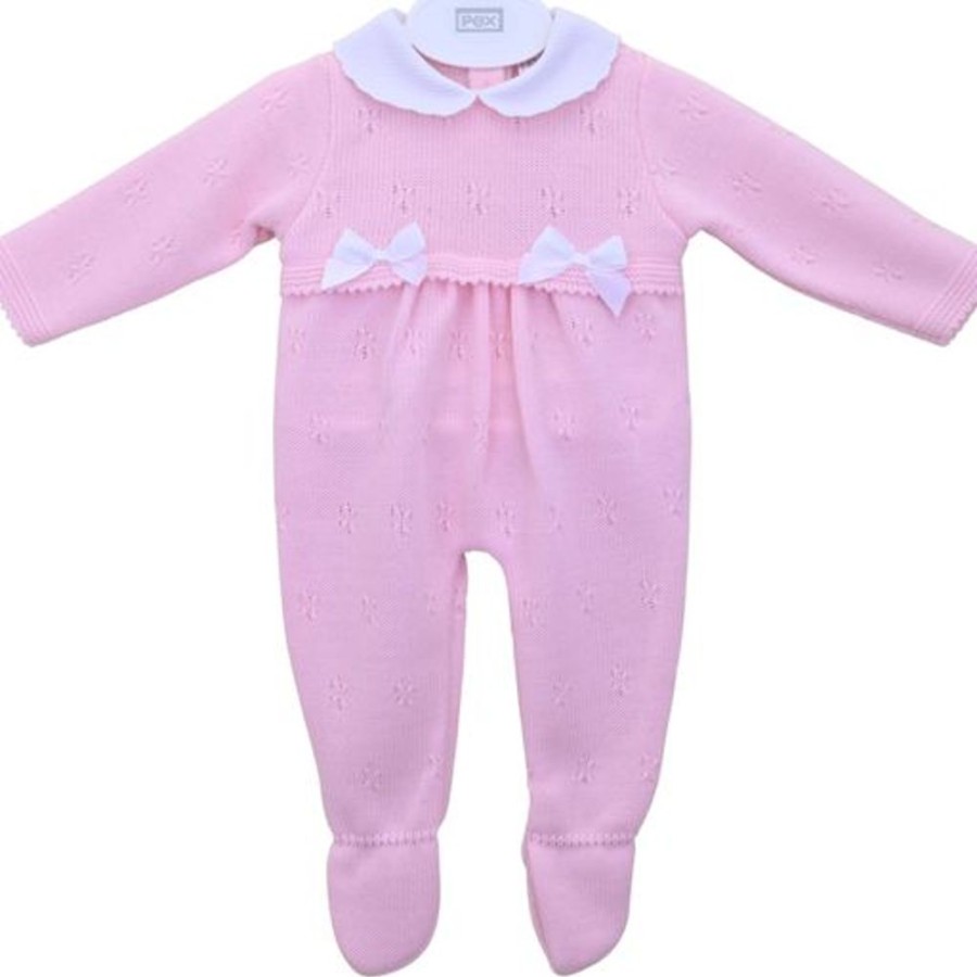 Clothing Pex Knitwear | Pink 'Mae' Pointelle Knitted Double Bow Onesie