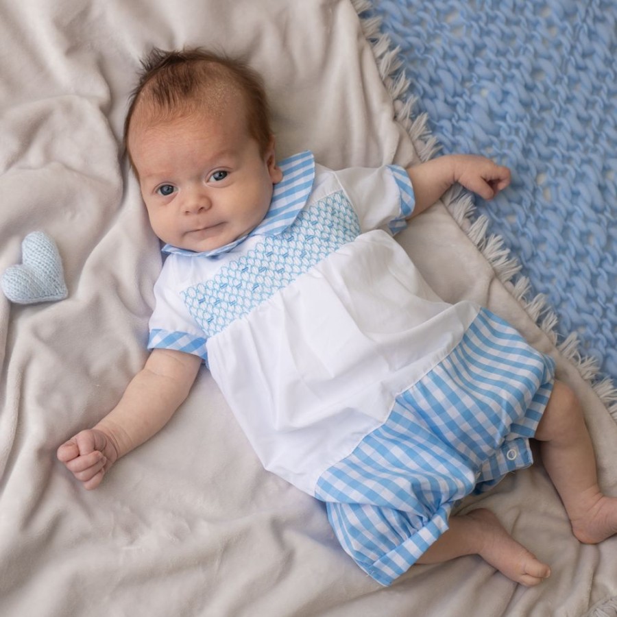 Clothing Millie & Ralph Rompers | Boys Blue Smocked Gingham Romper