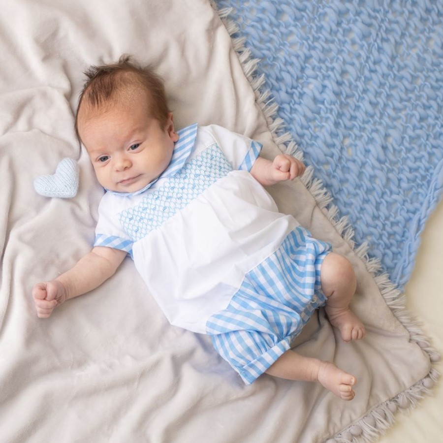 Clothing Millie & Ralph Rompers | Boys Blue Smocked Gingham Romper