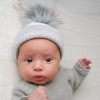 Clothing Millie & Ralph Hats | First Size White And Grey Ribbed Fur Pom Hat | Millie & Ralph