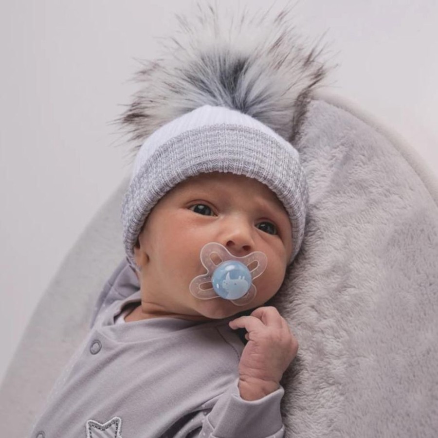 Clothing Millie & Ralph Hats | First Size White And Grey Ribbed Fur Pom Hat | Millie & Ralph